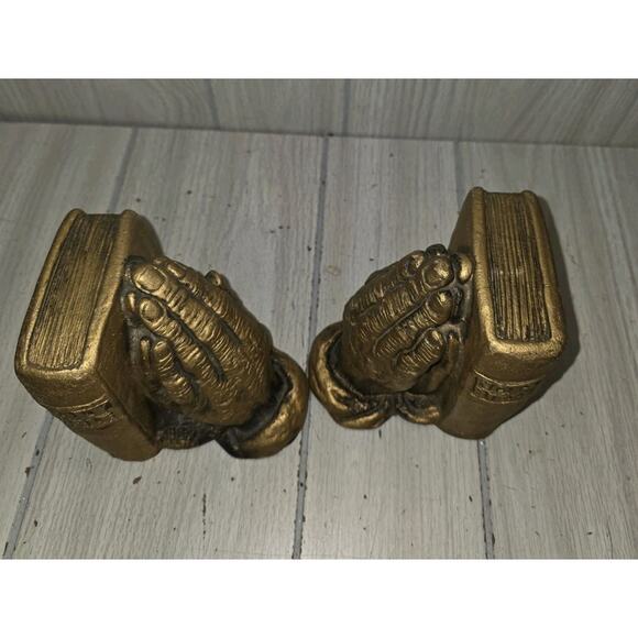 Vintage Praying Hands Bookends Gold Book Holders 5" Tall Bible Religious God - Picture 8 of 8